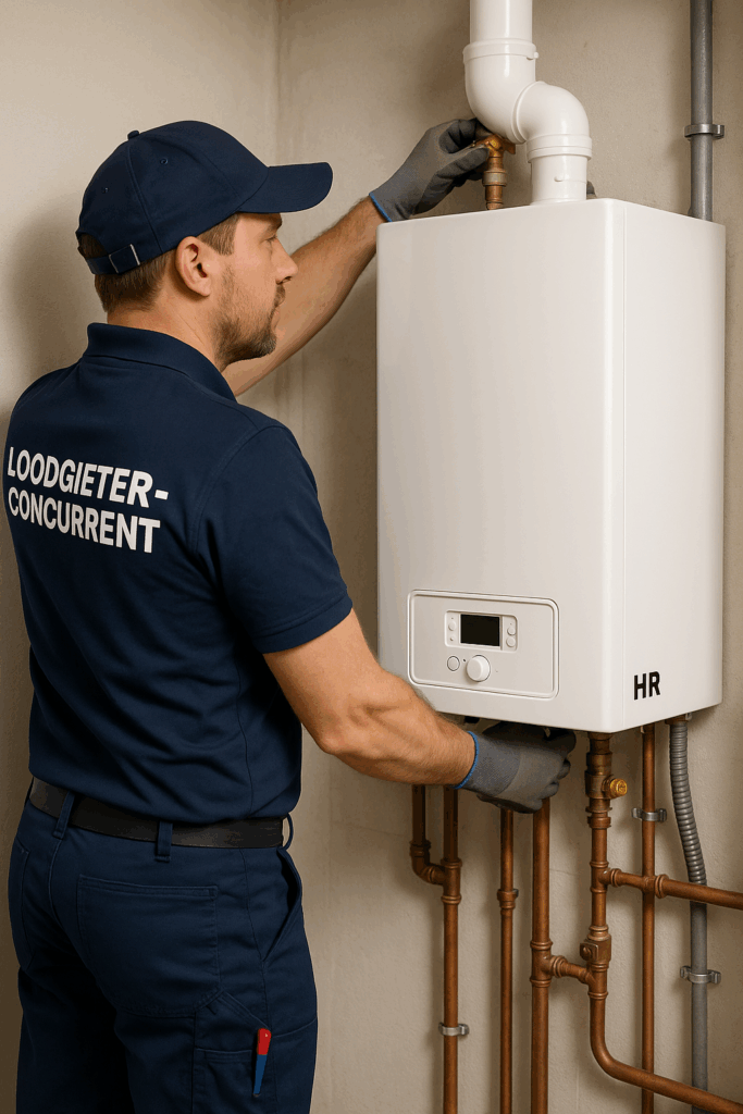 Monteur installeert nieuwe HR ketel voor energiezuinig verwarmen