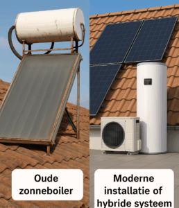 Een oude zonneboiler installatie naast een moderne installatie. zonneboiler B-merken