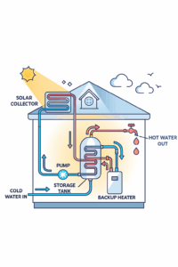 Schema van een zonneboiler die zonlicht omzet in warm water voor uw huishouden.