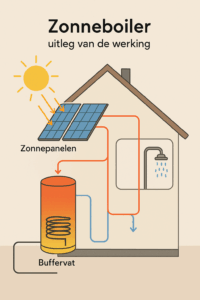 Illustratie van een zonneboiler met panelen en buffervat, uitleg van de werking voor uw woning.