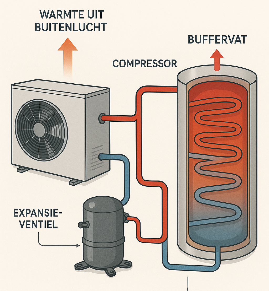 Schema werking warmtepomp met buitenunit, compressor en buffervat