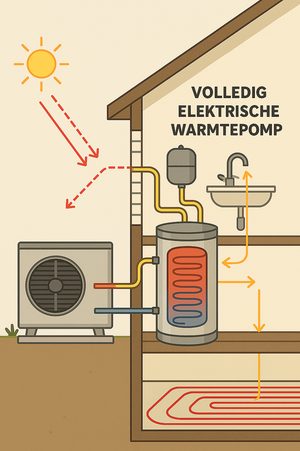 Binnenunit en buitenunit schema met boiler voor all-electric installatie