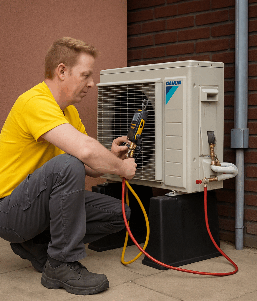 Monteur die de warmtepomp onderhoud