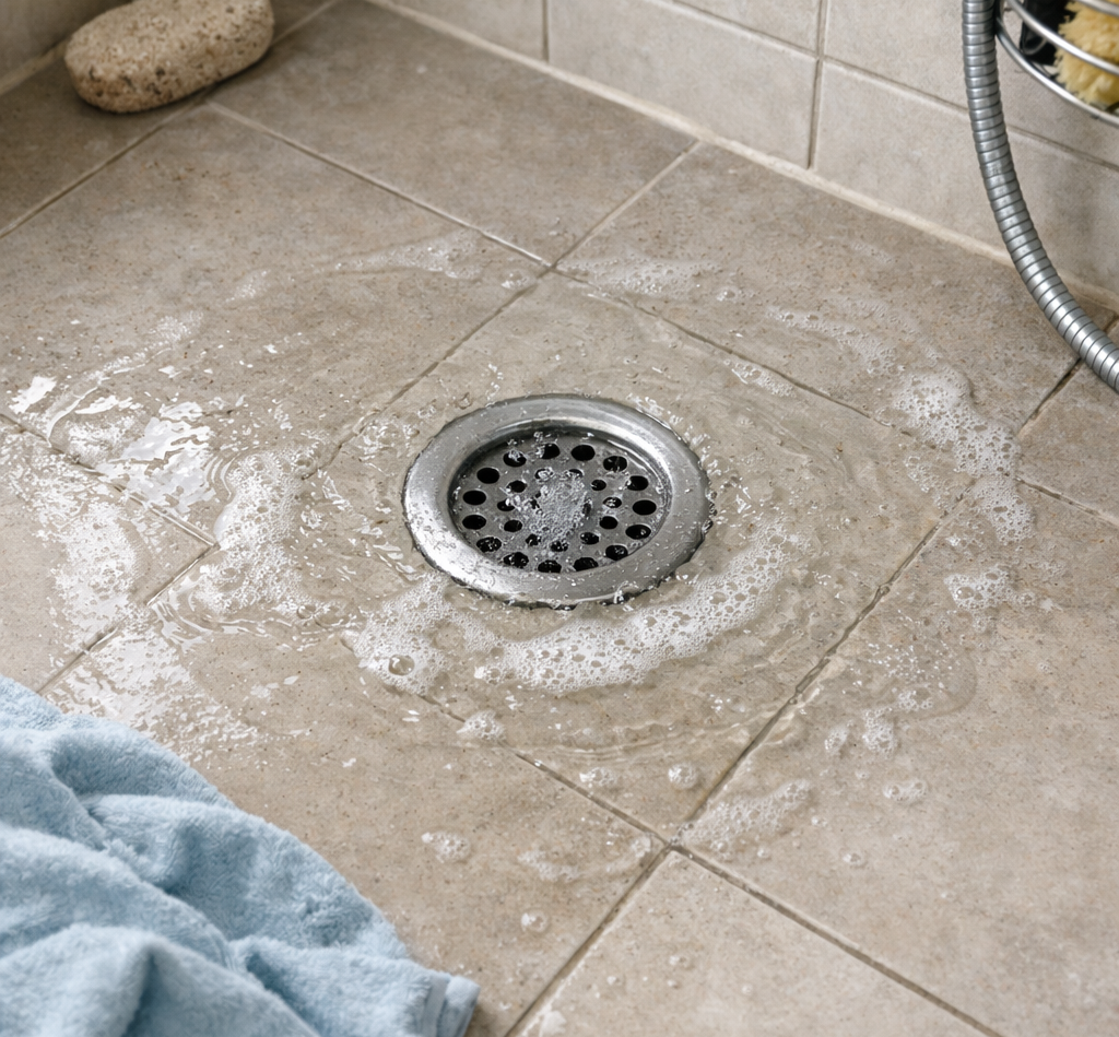 Doucheafvoer die langzaam leegloopt door ophoping van haren en zeepresten en ontstoppen