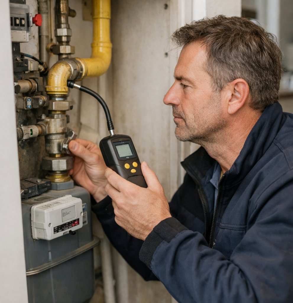 Erkende loodgieter controleert gasleiding in de meterkast van een woning