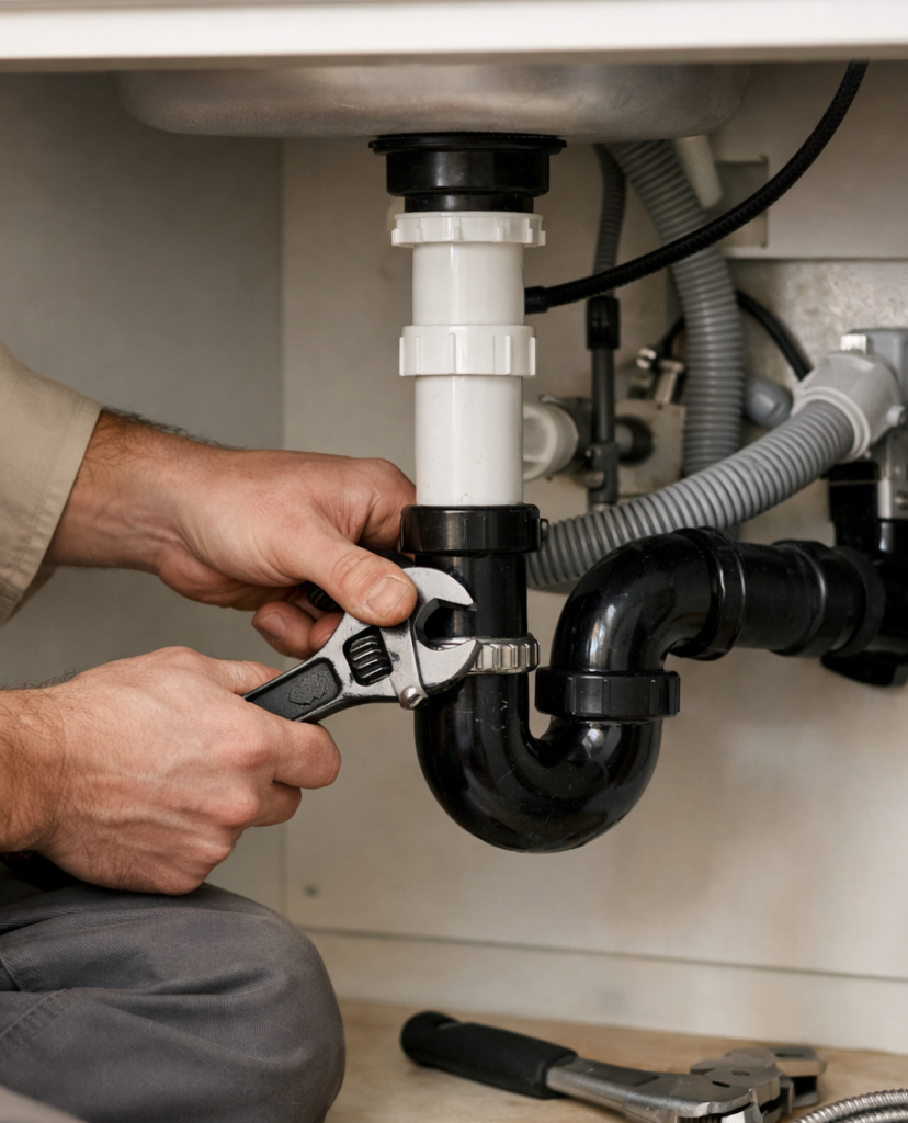 Loodgieter onderzoekt een verstopping in de afvoer van een woning