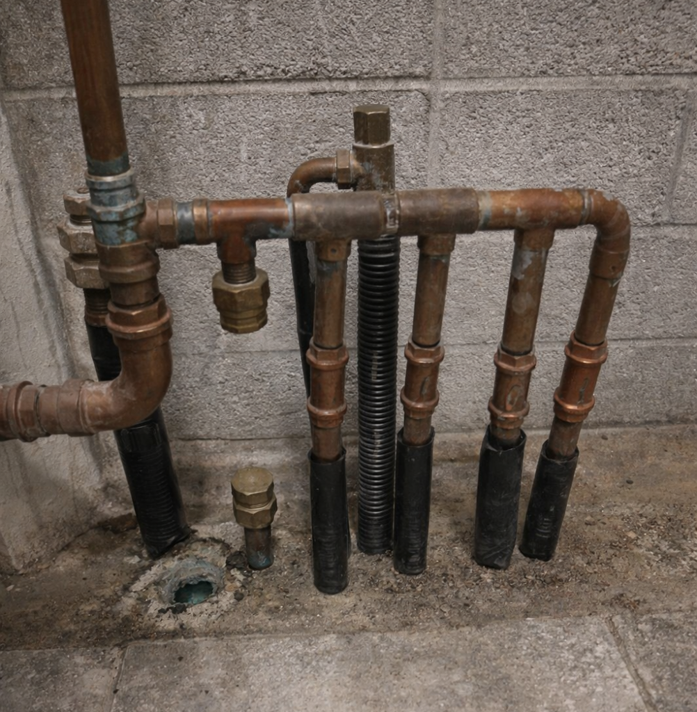 Oude gasleidingen en koppelingen in een meterkast van een woning