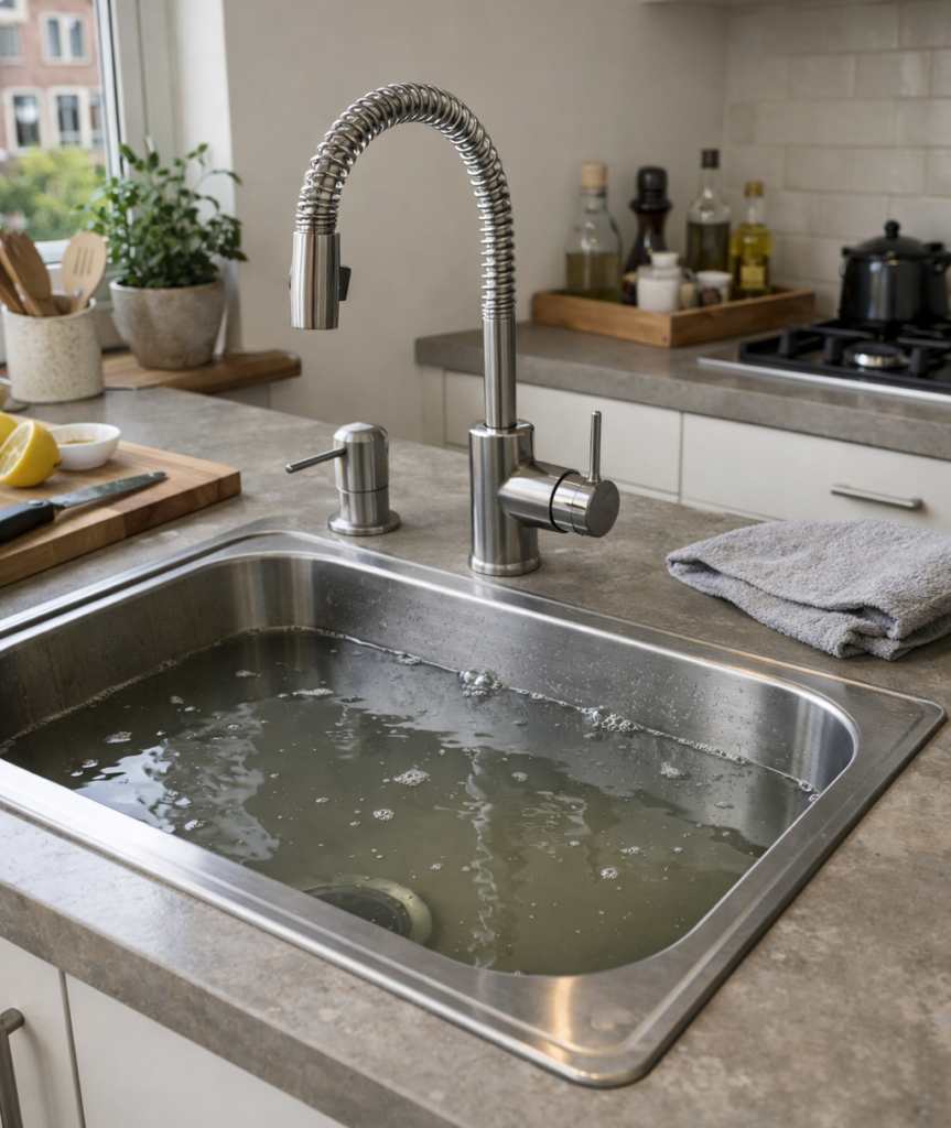 Water blijft staan in de gootsteen door een beginnende verstopping in de keukenafvoer