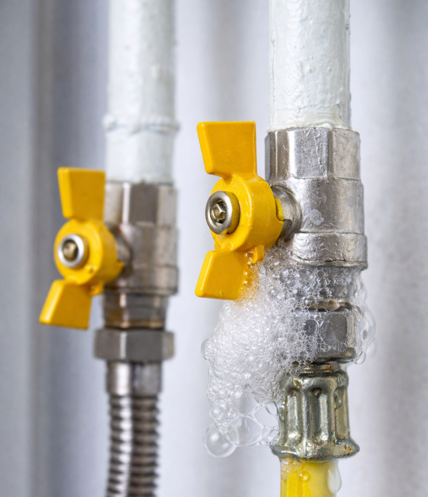 Gaslek in gasleiding met schuimvorming rond koppeling